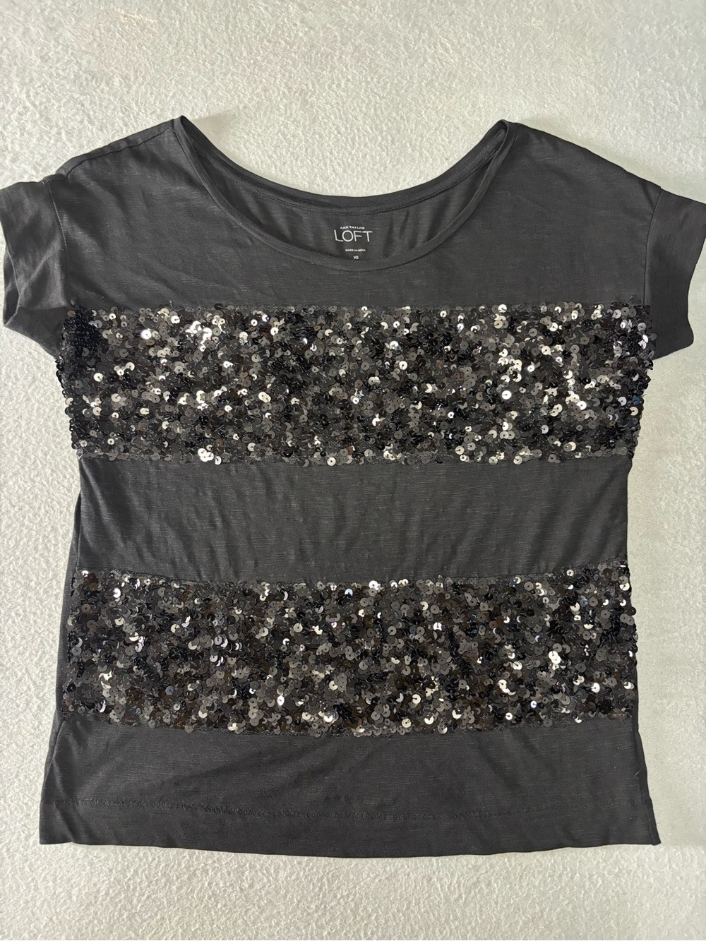 LOFT Black Short Sleeve Tee with Sequin Stripe Panels